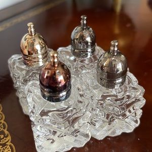 Crystal salt shakers silver top made in Japan set of 4